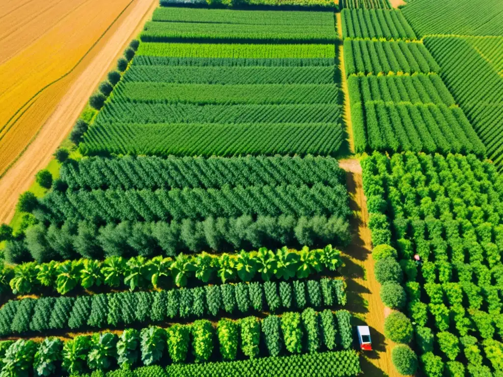 Una vista aérea de una granja orgánica vibrante y exuberante con filas de cultivos