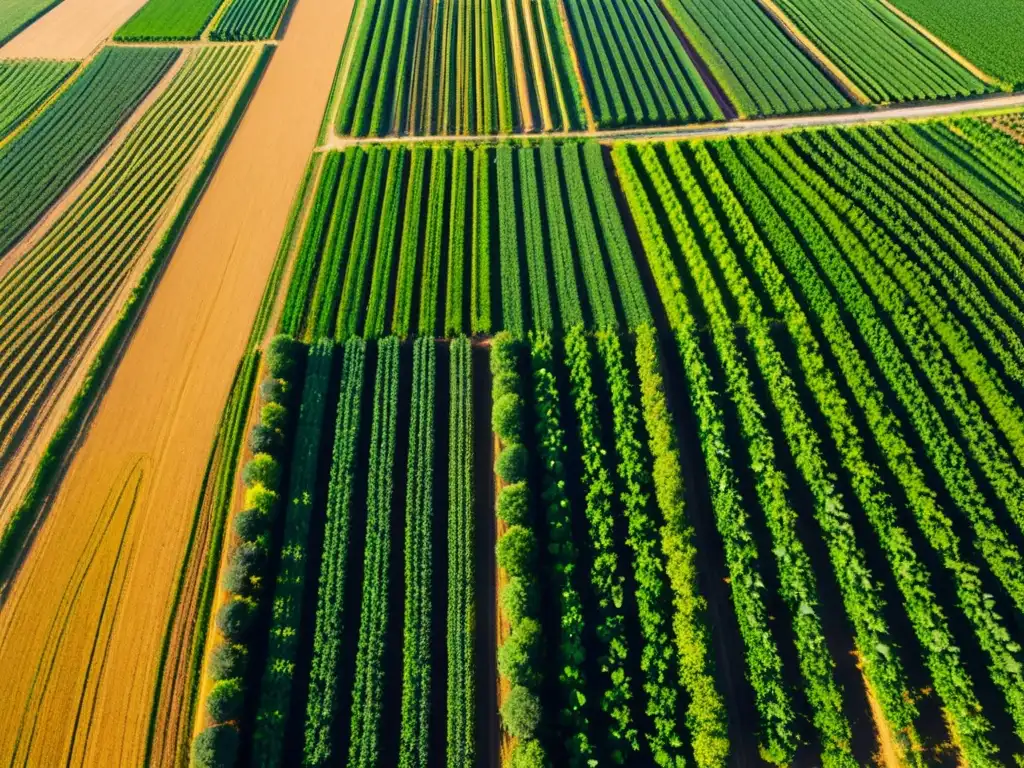 Vista aérea de una granja orgánica sostenible con cultivos variados y técnicas de cultivo orgánico sostenible en armonía con la naturaleza