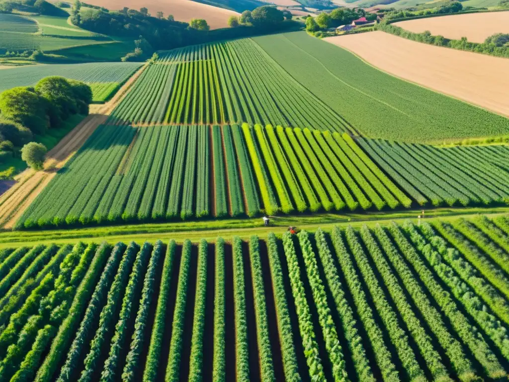 Vista aérea de una granja orgánica con cultivos verdes y trabajadores