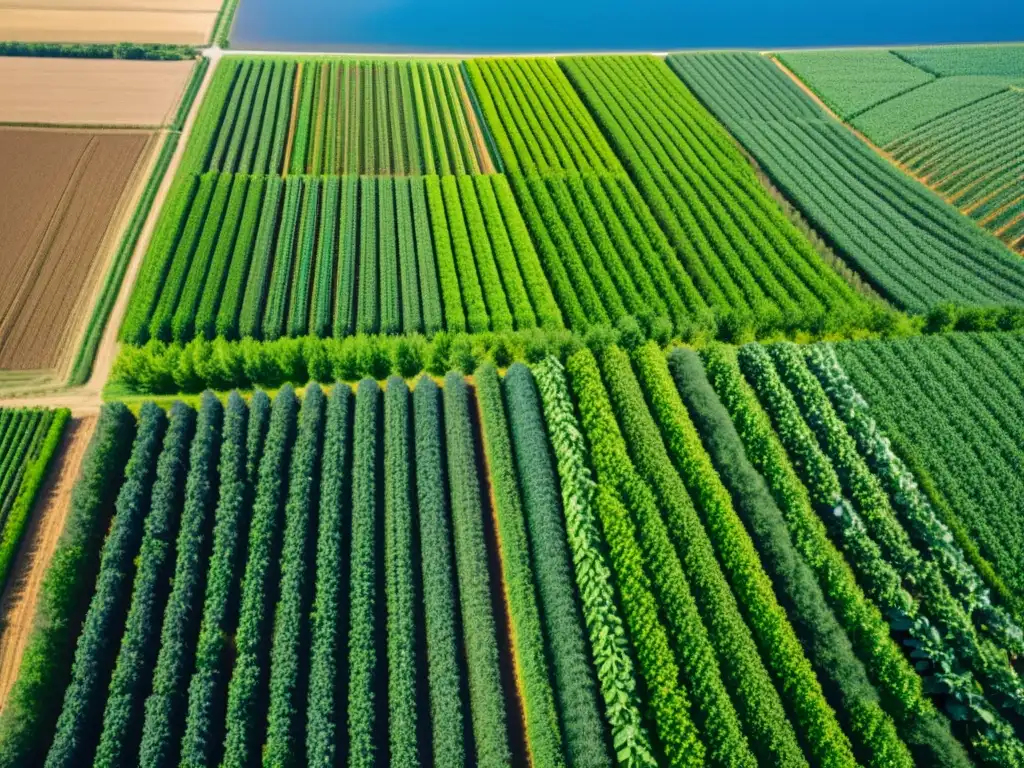 Vista aérea de una granja orgánica iluminada por el sol, con campos de cultivos verdes y ordenados, bajo un cielo azul claro