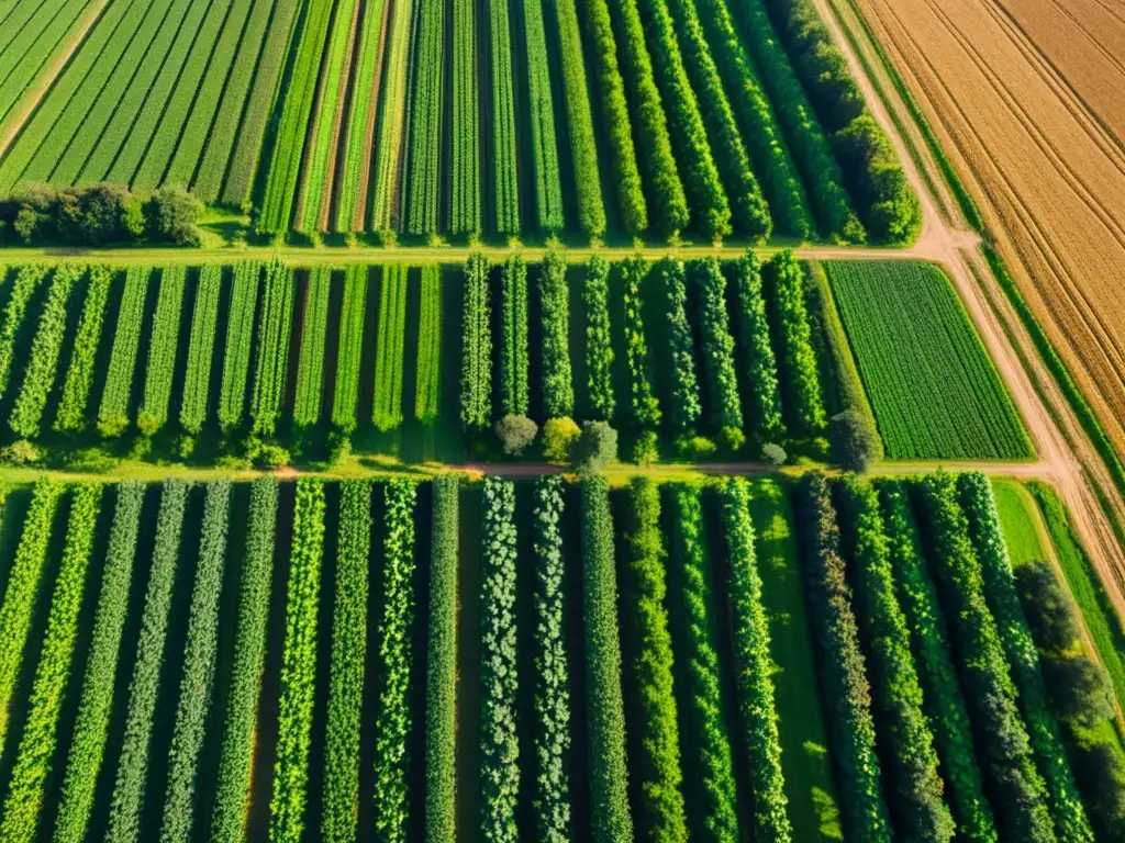 Vista aérea de una granja orgánica llena de cultivos verdes, con drones monitoreando la cosecha