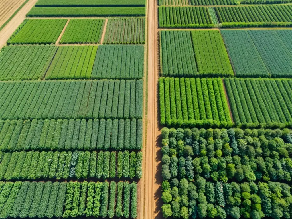 Vista aérea de una granja orgánica con cultivos ordenados y agricultores utilizando drones para monitorización cultivos orgánicos con drones