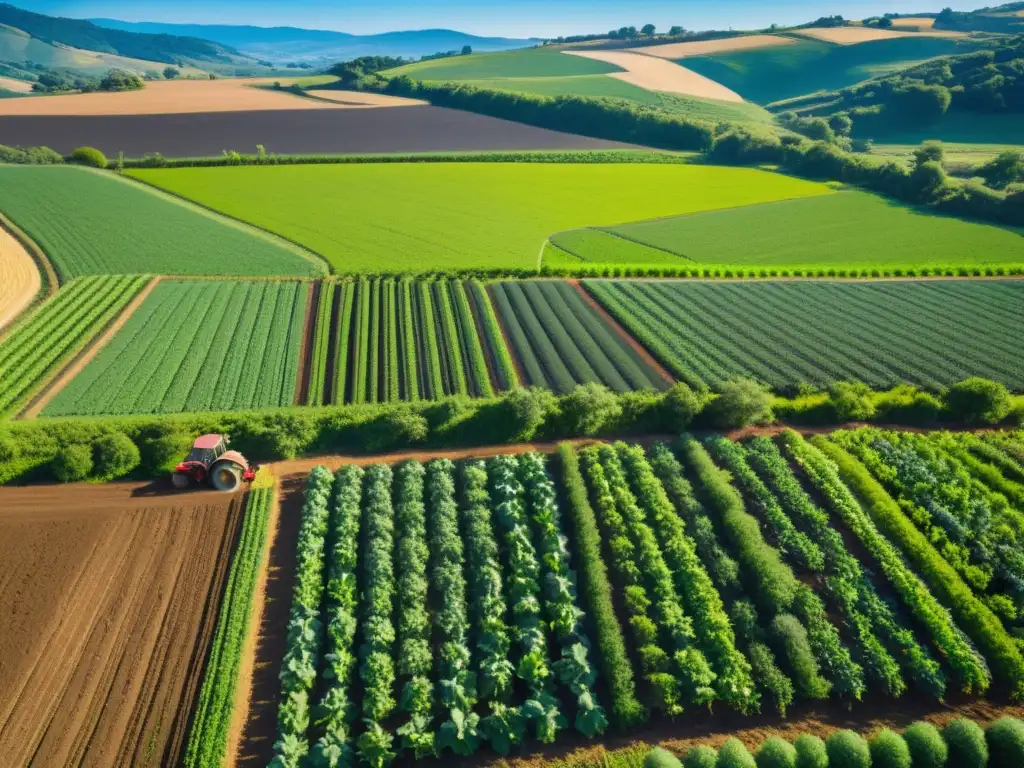 Vista aérea de una granja orgánica con cultivos ordenados y suelo saludable