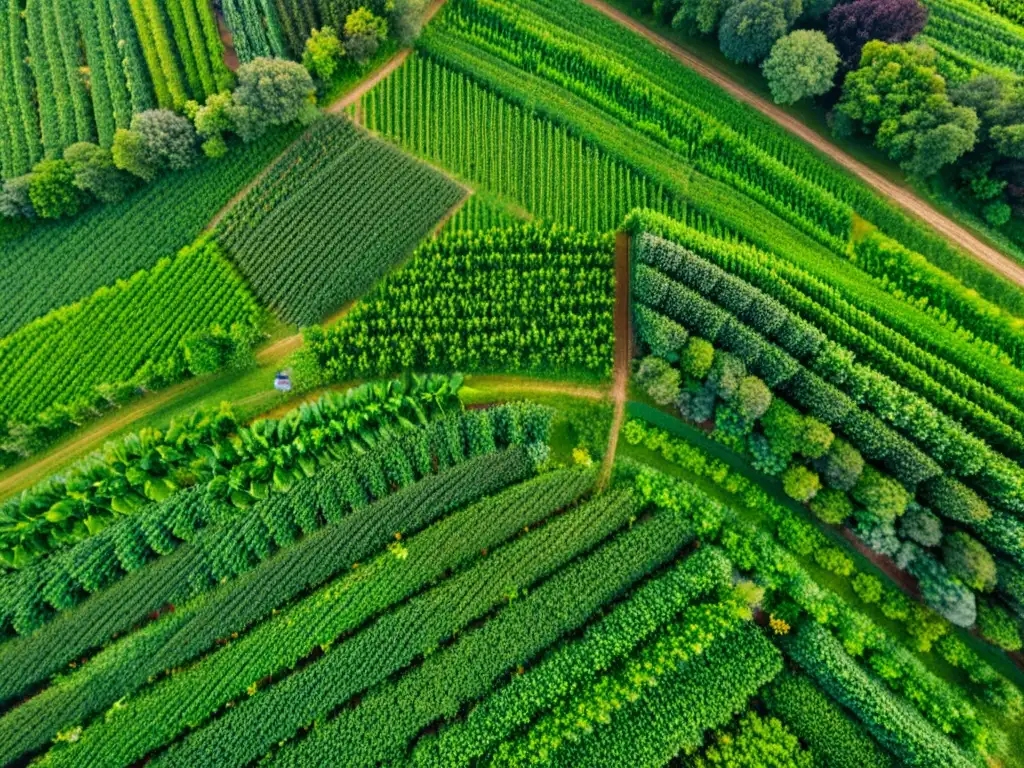 Vista aérea de granja orgánica con ordenados cultivos y árboles frutales