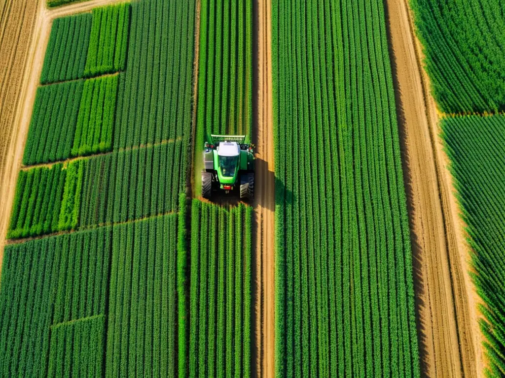 Vista aérea de granja orgánica moderna con maquinaria automatizada en acción, resaltando la fusión de automatización y agricultura orgánica