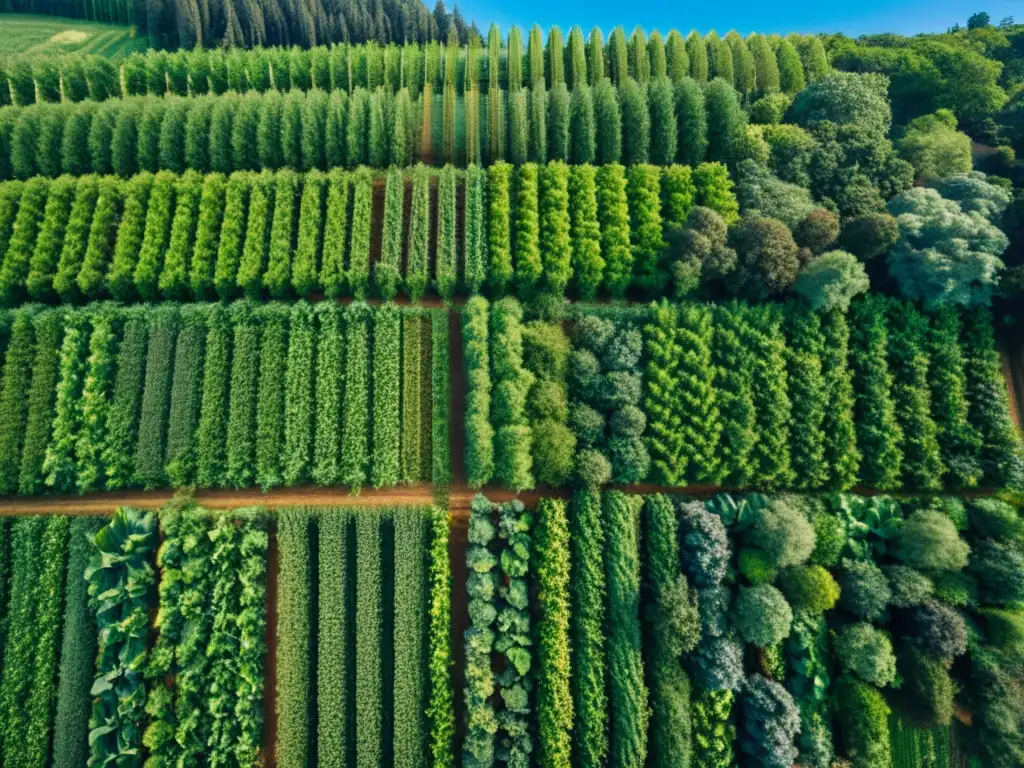 Vista aérea de una granja orgánica con cultivos ordenados y un denso bosque, bajo un cielo azul