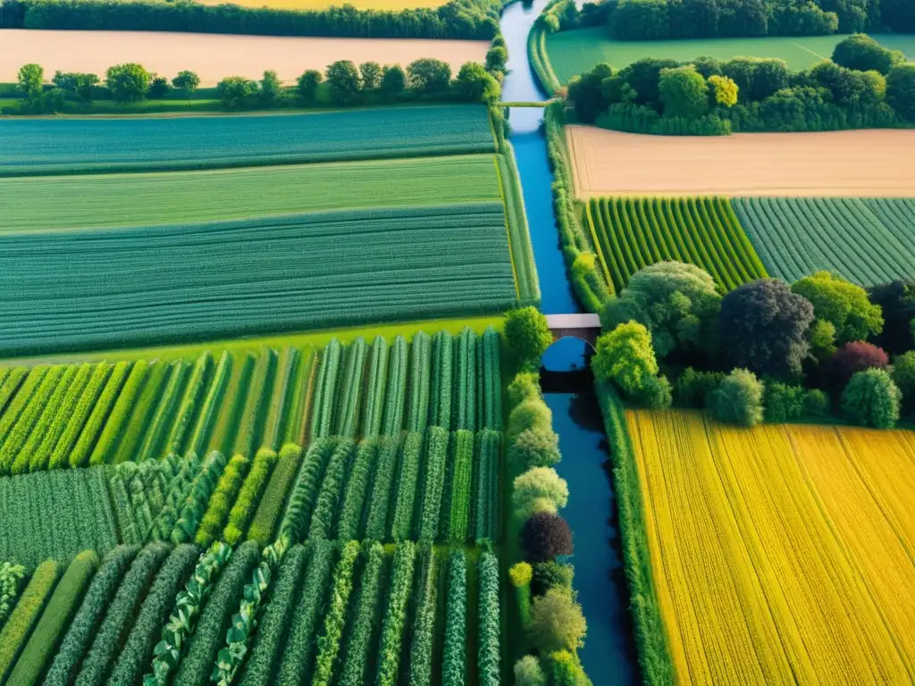 Vista aérea de granja orgánica con cultivos variados en filas simétricas, río azul serpenteante y casa rural