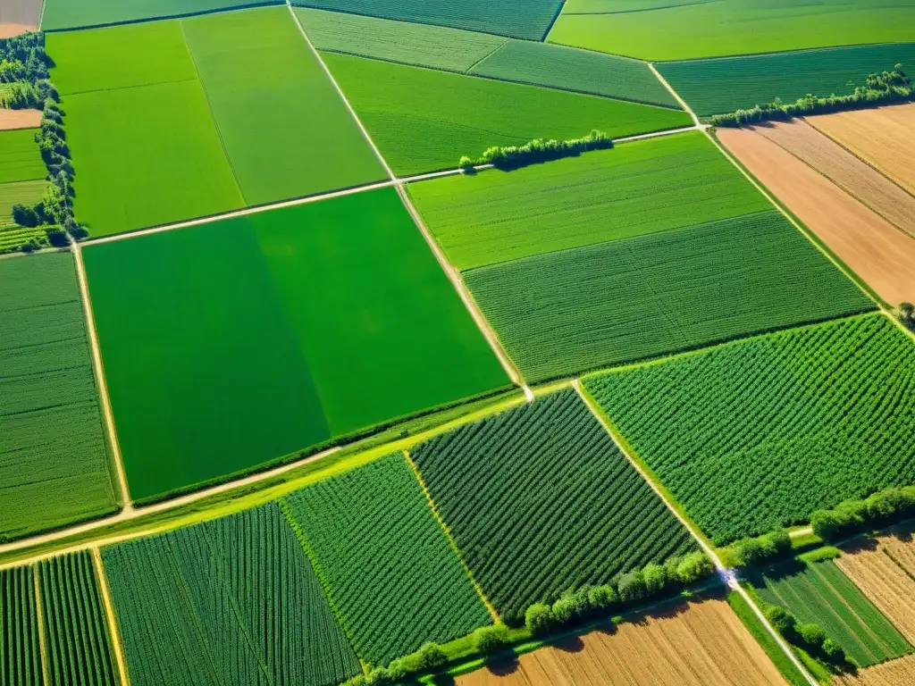 Vista aérea de granja orgánica rodeada de exuberante vegetación y cultivos, capturada con tecnologías de mapeo satelital