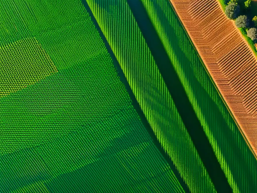 Vista aérea de una granja orgánica con cultivos ordenados, resaltados por el sol y tecnologías de mapeo satelital