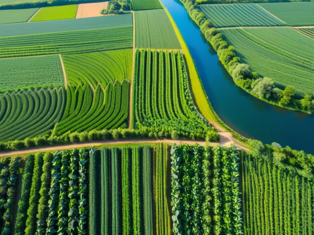 Vista aérea de granja orgánica sostenible con cultivos en filas y río sereno, reflejando el cielo