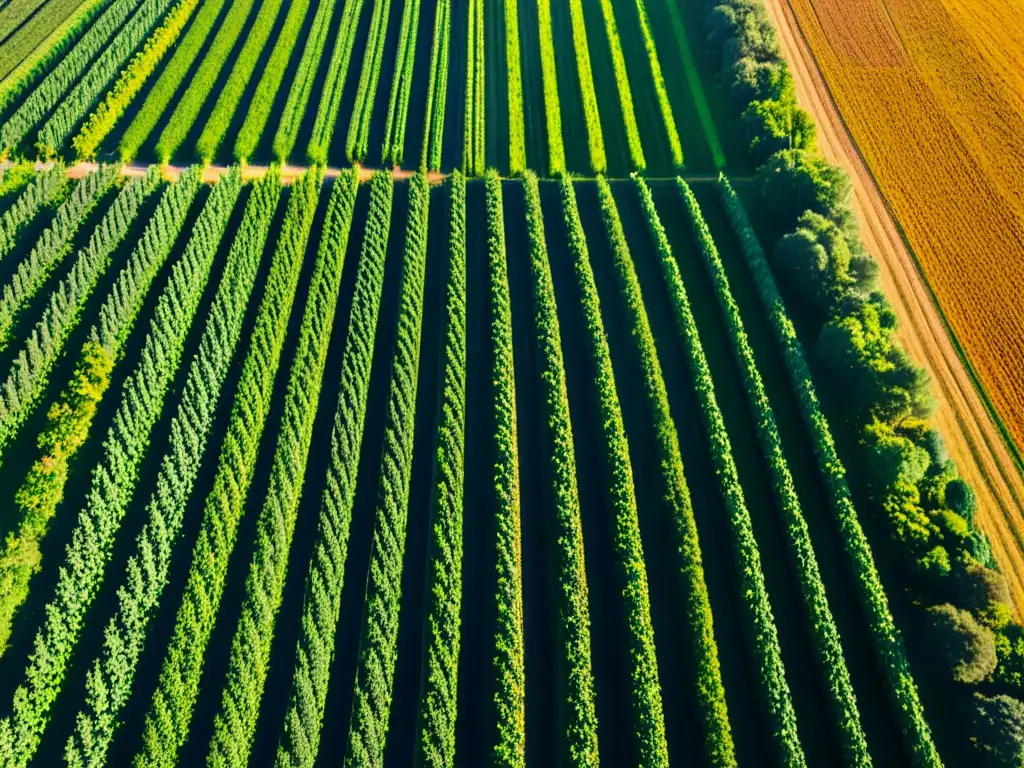 Vista aérea de granja orgánica con cultivos y drones