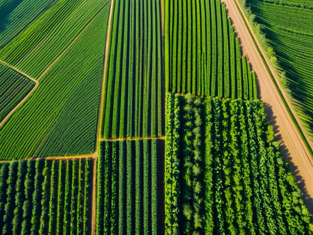 Vista aérea de una granja orgánica verde y exuberante, con cultivos en filas ordenadas bajo la luz del sol