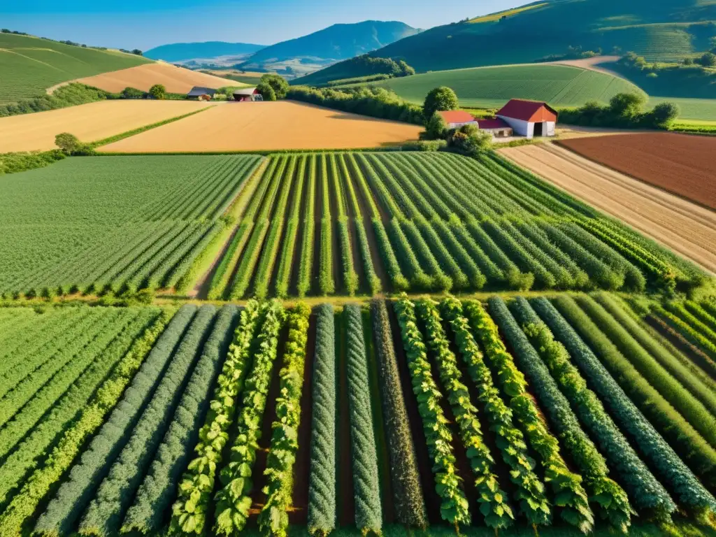 Vista aérea de una granja orgánica, con cultivos ordenados bañados por la cálida luz del sol