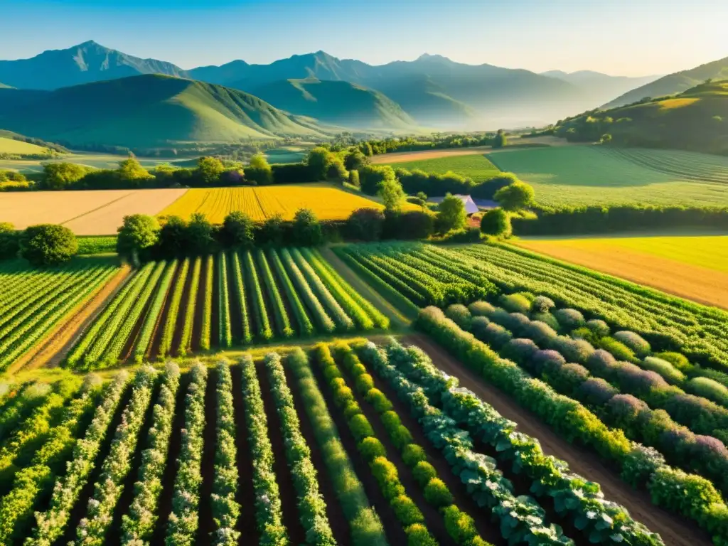Granja orgánica: armonía y sostenibilidad en la naturaleza Vista aérea de una granja orgánica exuberante y vibrante, con cultivos en filas perfectas bañados por el cálido sol
