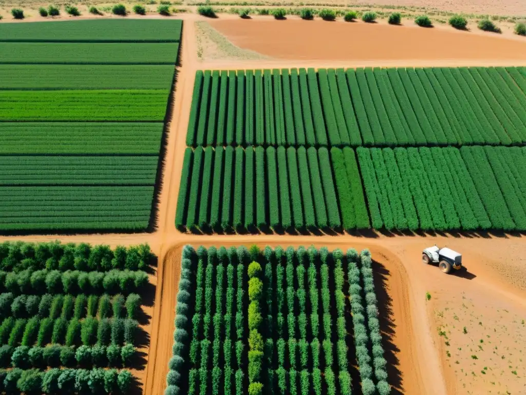 Vista aérea de una granja orgánica verde rodeada de tierra árida, destacando el contraste y el manejo del estrés hídrico en cultivos orgánicos