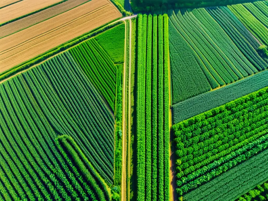 Vista aérea de una granja verde exuberante con cultivos alineados, resaltando los beneficios de la rotación de cultivos en la agricultura orgánica