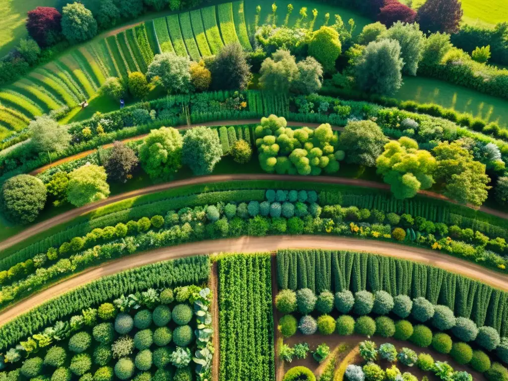 Vista aérea de una hermosa finca de permacultura con cultivos orgánicos sostenibles, árboles frutales y caminos serpenteantes