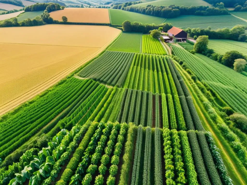 Vista aérea impactante de granja orgánica, filas de cultivos verdes, sol dorado sobre campos, naturaleza serena