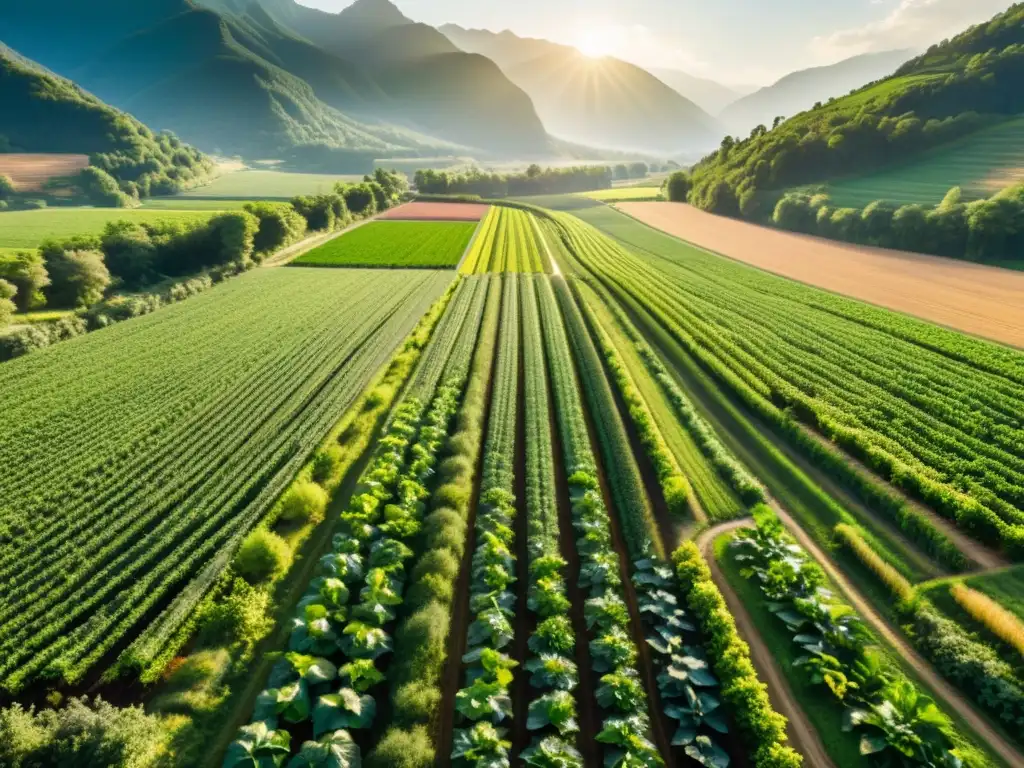 Vista aérea impactante de granja orgánica con cultivos vibrantes, río serpenteante y montañas majestuosas