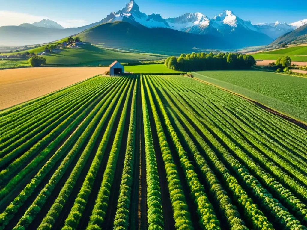 Vista aérea impactante de granja orgánica con cultivos verdes, montañas nevadas y armonía natural