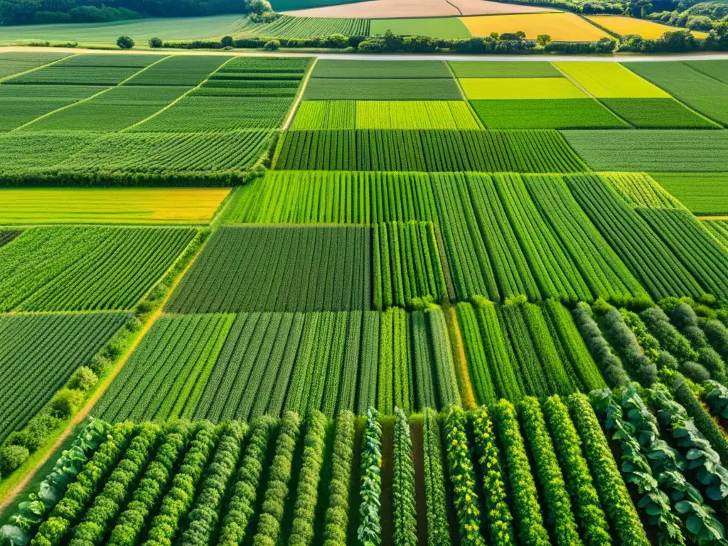 Vista aérea impresionante de un campo orgánico exuberante con cultivos perfectamente alineados, evocando armonía y sostenibilidad