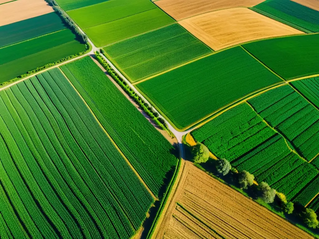 Vista aérea impresionante de cultivos orgánicos monitoreados con drones, creando un paisaje natural y sostenible