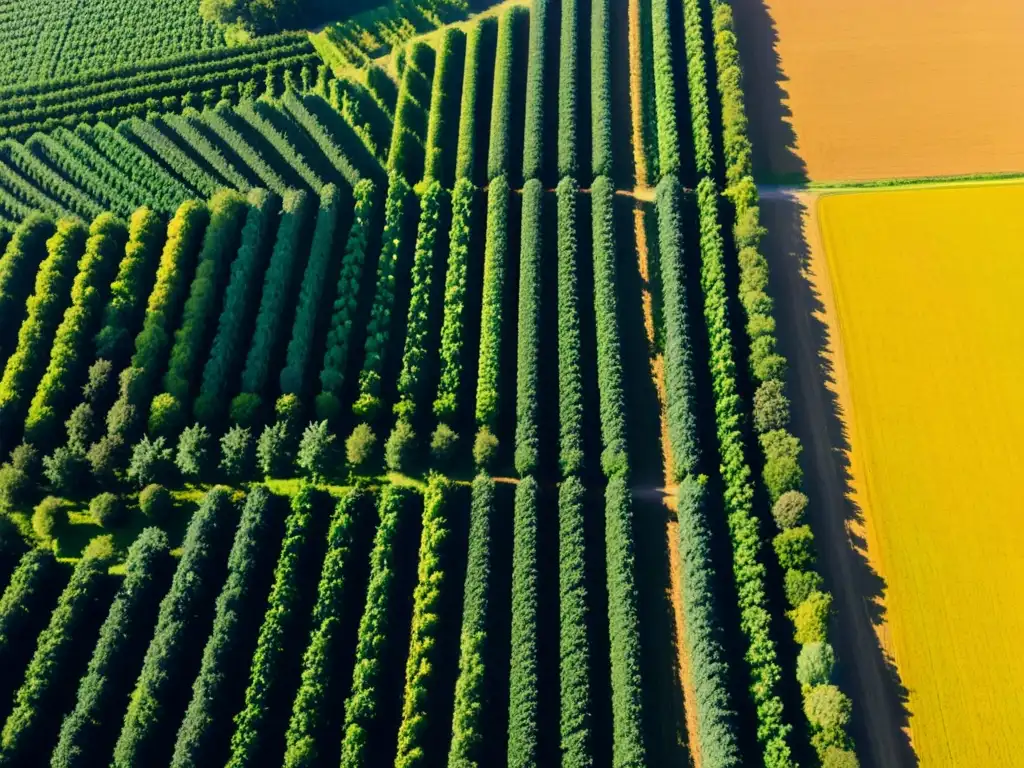 Vista aérea impresionante de una granja orgánica exuberante y vibrante, con cultivos ordenados que se extienden hasta el horizonte