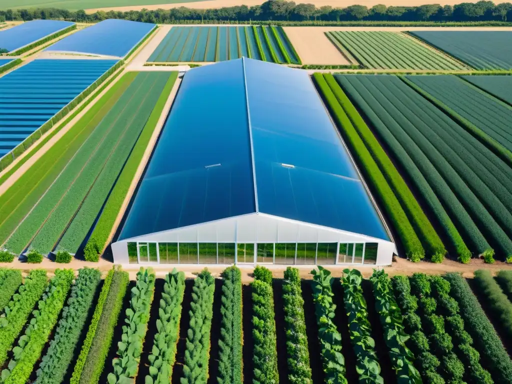 Vista aérea de invernaderos orgánicos modernos, con cultivos verdes y vibrantes