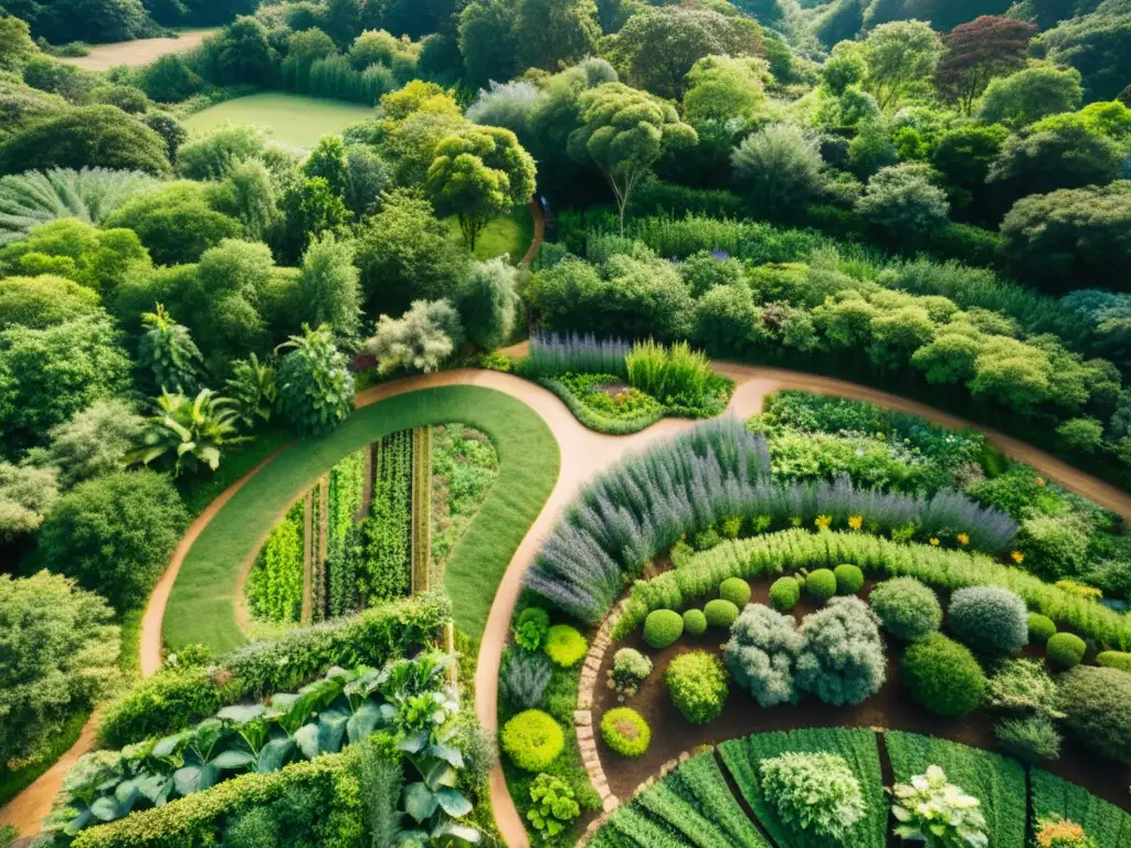 Vista aérea de una próspera y diversa granja de permacultura, con senderos serpenteantes y sistemas de agua cuidadosamente diseñados