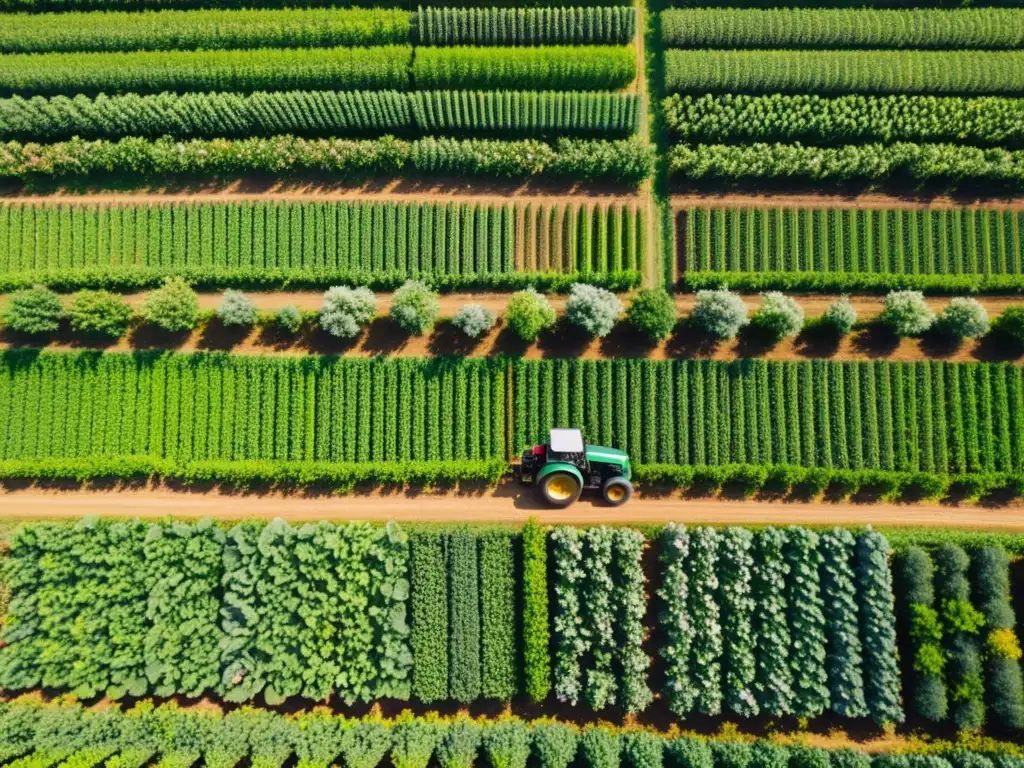 Vista aérea de una próspera granja orgánica, con cultivos ordenados bañados por la luz del sol