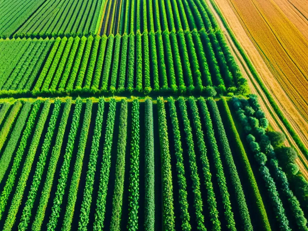 Vista aérea de una próspera granja orgánica, con cultivos verdes vibrantes y el sol dorado resaltando la optimización microbioma suelo orgánico