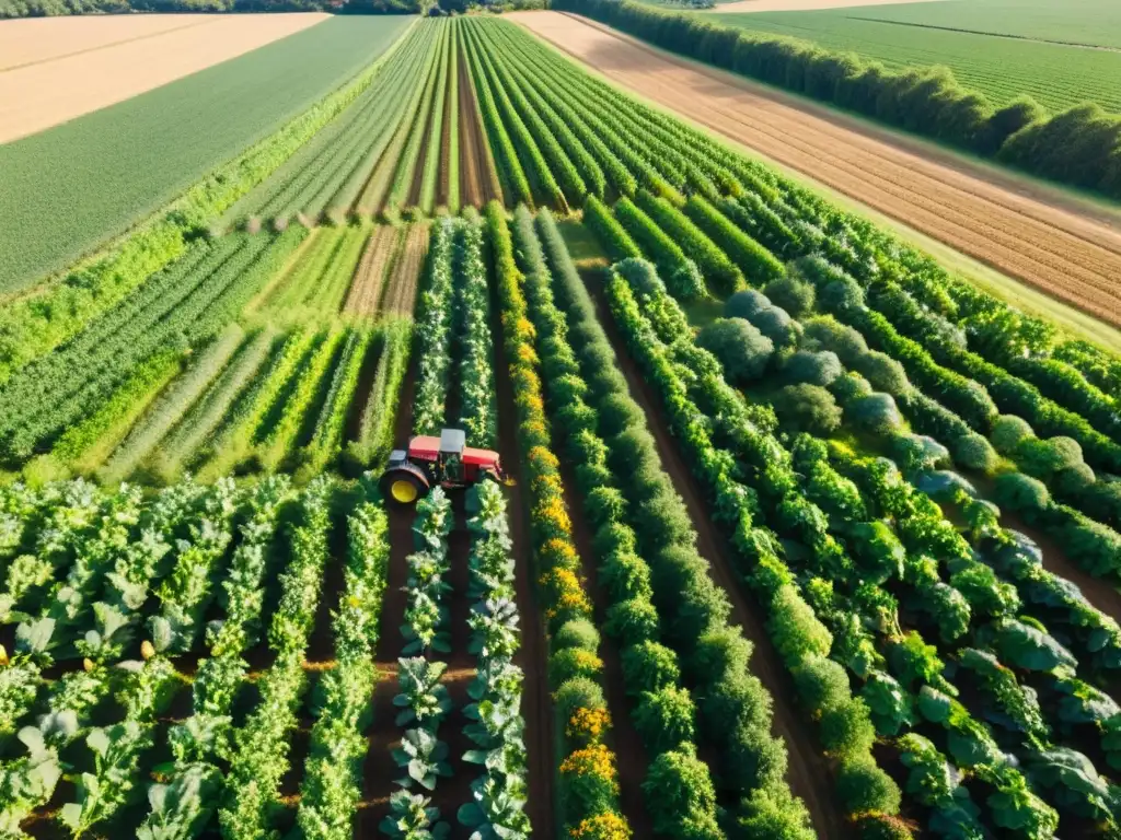 Vista aérea de una próspera granja orgánica con cultivos diversos, bañada por la cálida luz del sol