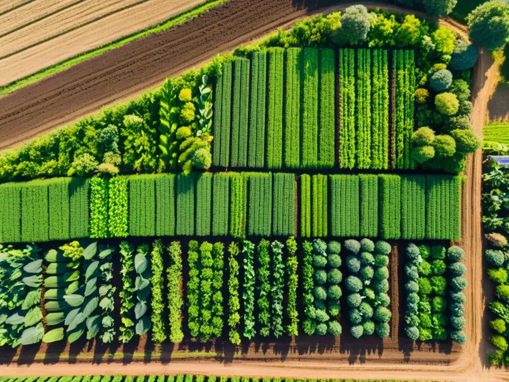 Vista aérea de una próspera granja orgánica con cultivos y montones de compost