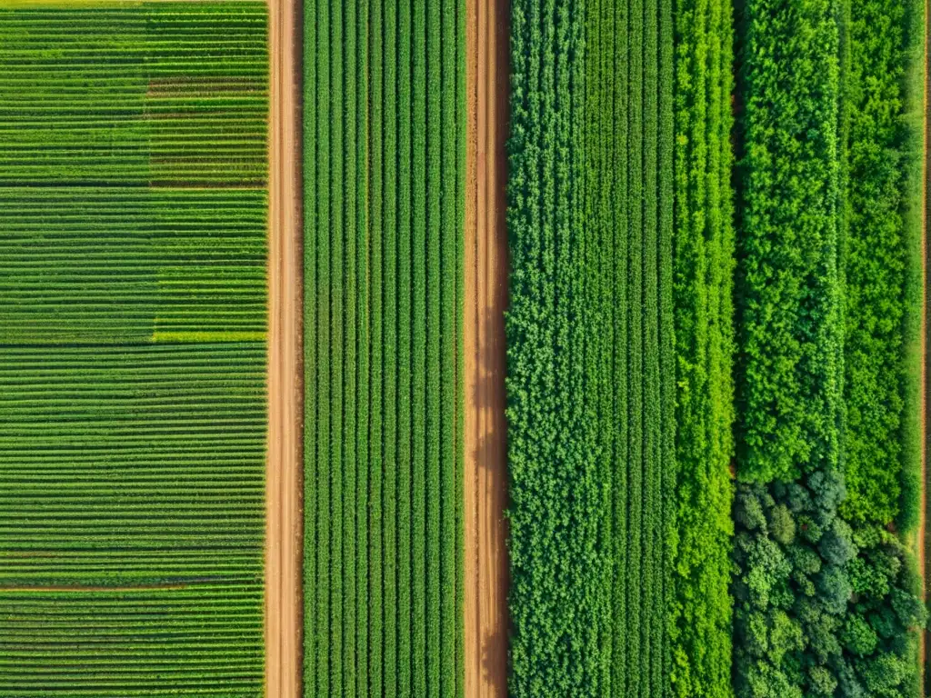 Vista aérea serena de finca orgánica, con cultivos en filas, colores vibrantes y suelo fértil