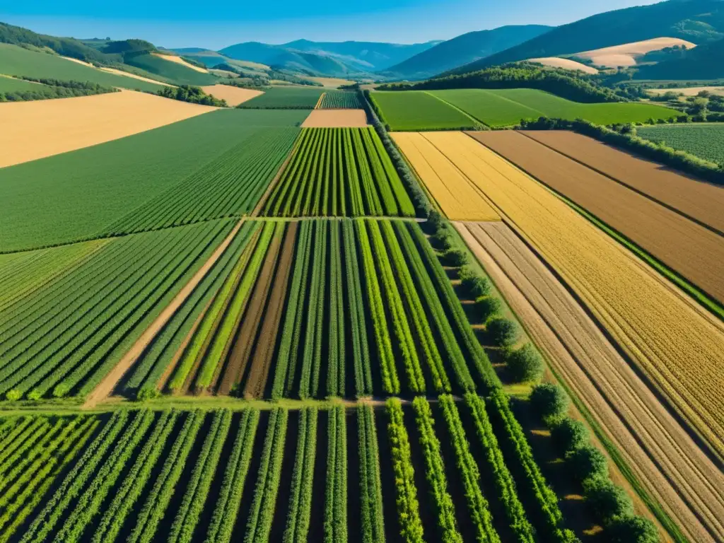 Vista aérea serena de una granja orgánica sostenible con cultivos vibrantes y ordenados, en armonía con la naturaleza y el entorno