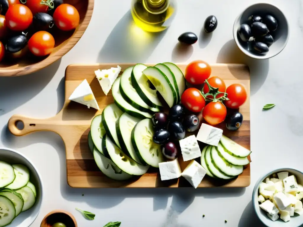 Vista aérea de tabla de cortar con ingredientes frescos para receta ensalada griega queso feta orgánico, con colores y texturas vibrantes