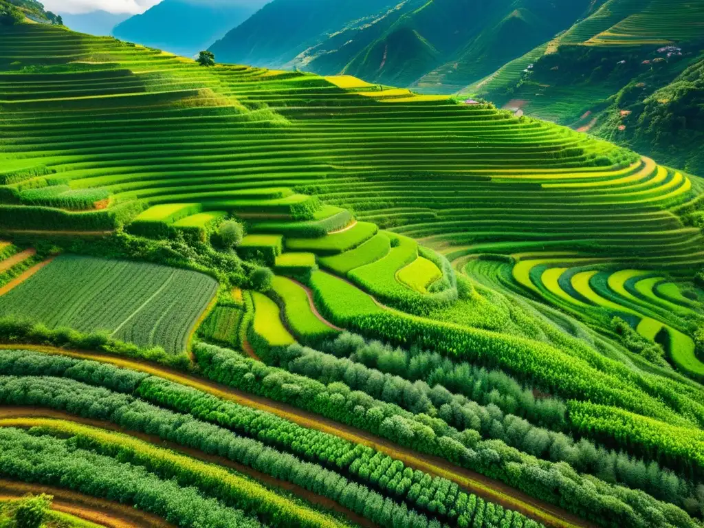 Vista aérea de terrazas agricultura orgánica pendientes, exuberantes y armoniosas, con cultivos verdes vibrantes