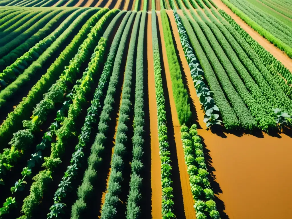 Vista apacible de una granja orgánica con cultivos verdes ordenados, promoviendo políticas sostenibles alimentos orgánicos