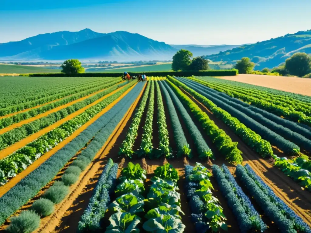 Vista apacible de una granja orgánica bañada por el sol con cultivos verdes