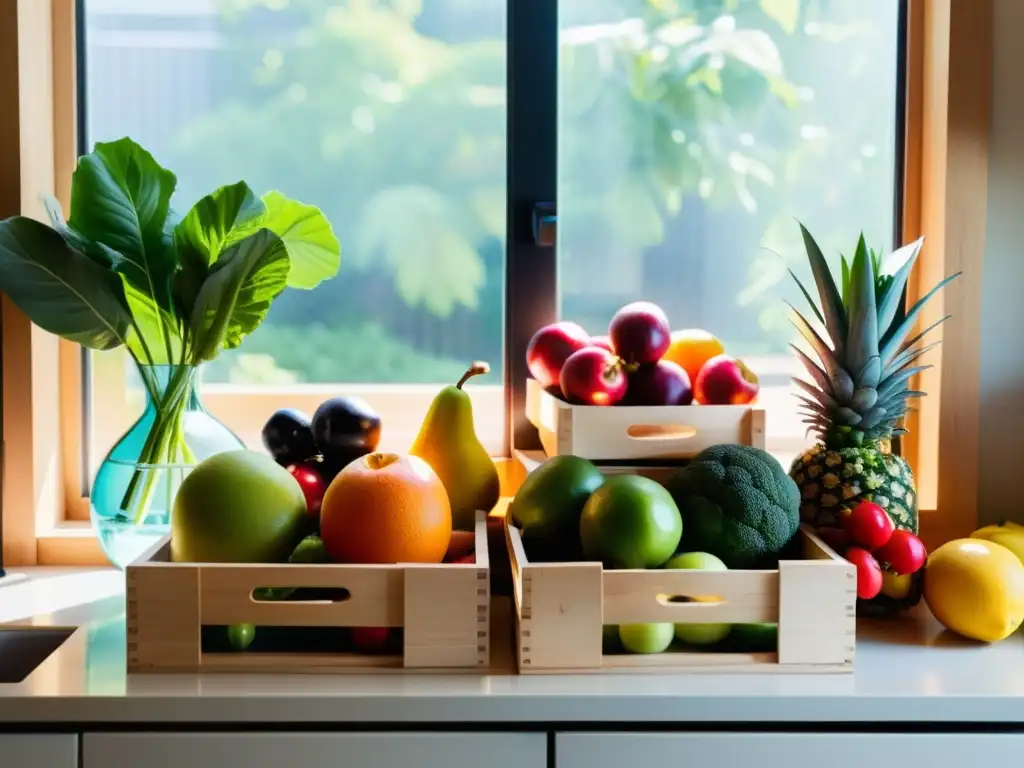 Encantadora variedad de frutas y verduras orgánicas Vista cálida y fresca de una encimera de cocina con alimentos orgánicos para una dieta detox, irradiando vitalidad y color natural