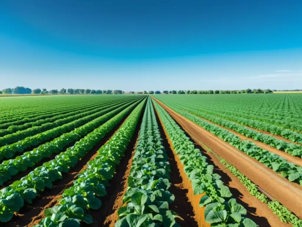 Vista de un campo verde exuberante con cultivos orgánicos, riego por goteo y un cielo azul claro