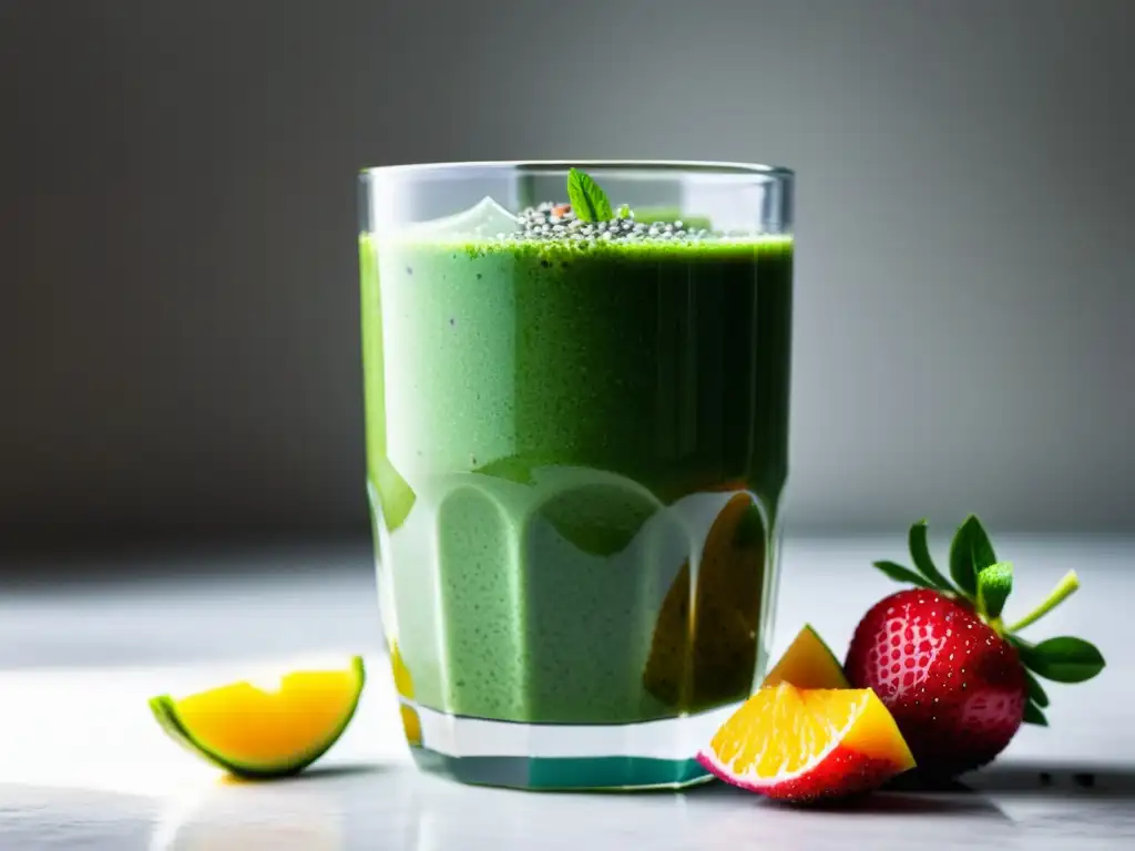 Vista cercana de un delicioso batido verde orgánico con frutas frescas y semillas de chía, sobre fondo blanco limpio