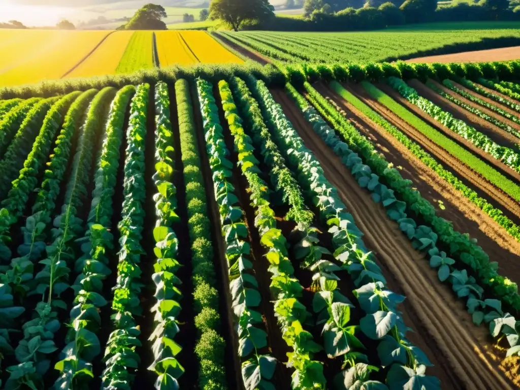 Vista cercana de granja orgánica vibrante y diversa, consumidores intercambian productos