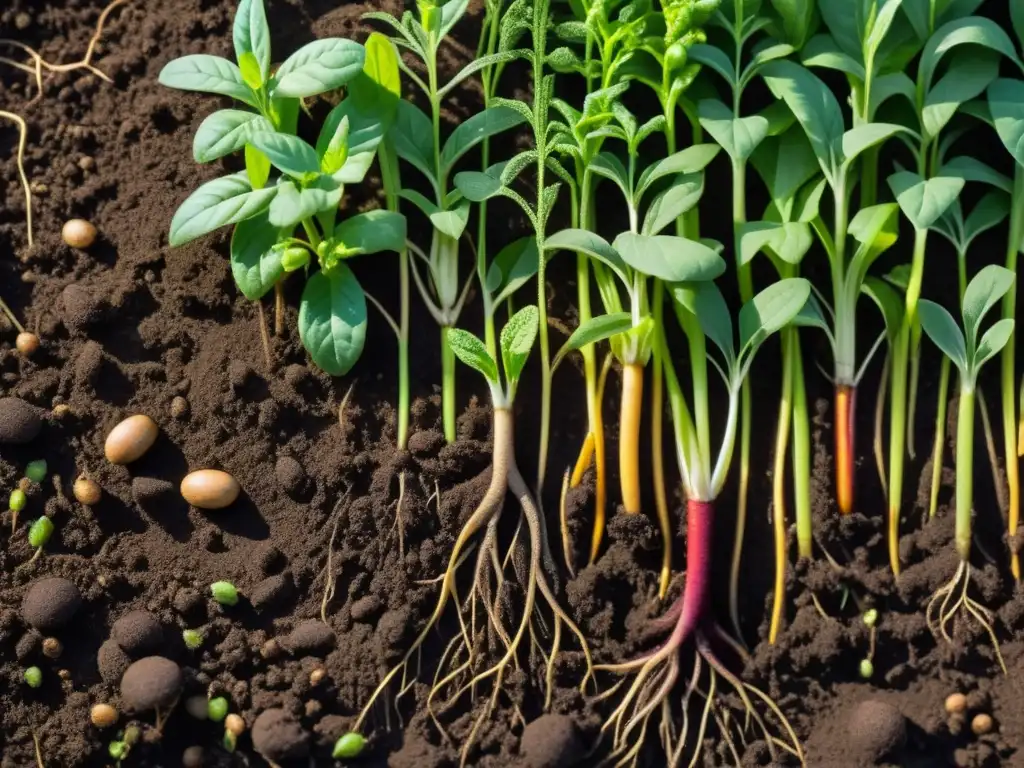 Vista cercana del microbioma rico y biodiverso en el suelo orgánico, resaltando la importancia de los biofertilizantes en la agricultura sostenible