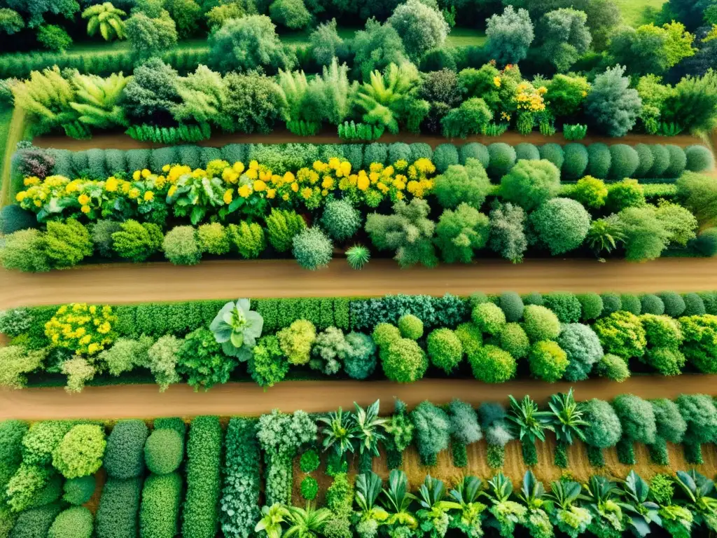 Vista cercana de un próspero sistema de agroforestería orgánica, con exuberante vegetación y variedad de frutas, flores y hortalizas