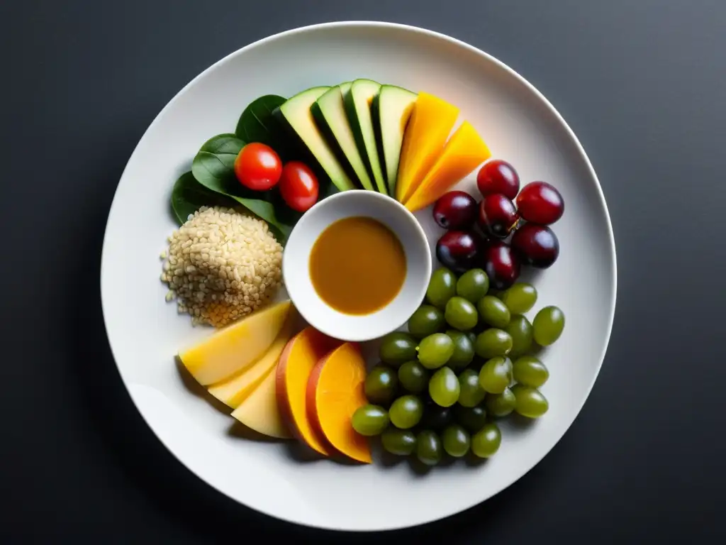 Una vista cercana de una variedad de alimentos orgánicos y tradicionales ricos en fibra, dispuestos en un elegante plato blanco