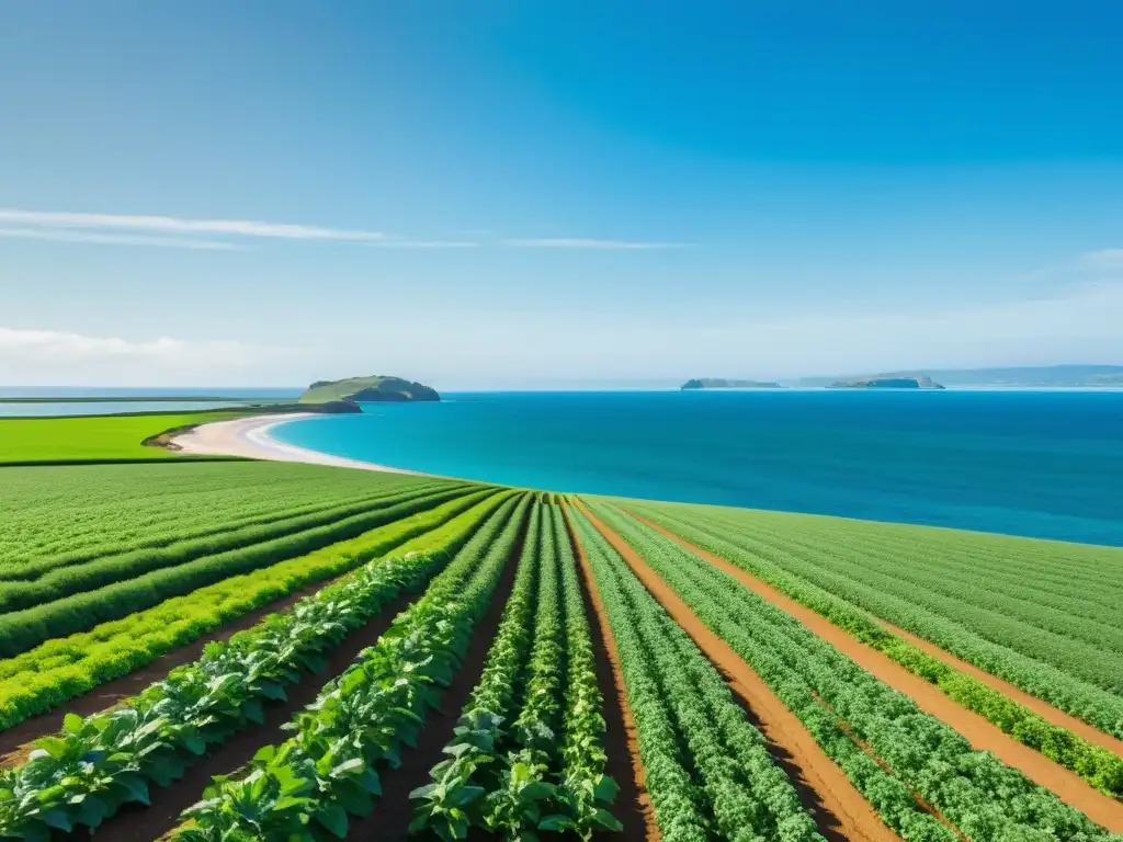 Vista costera con cultivo orgánico en suelos salinos y mar brillante, evocando tranquilidad y sostenibilidad