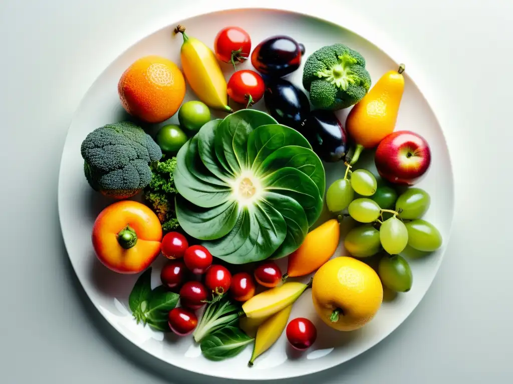 Vista detallada de alimentos orgánicos en plato blanco, con colores vibrantes y texturas naturales