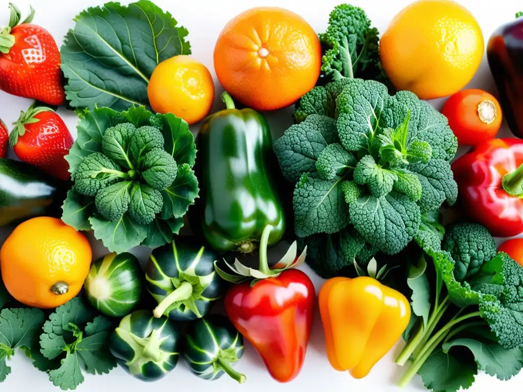 Vista detallada de alimentos orgánicos frescos y coloridos en un elegante fondo blanco, transmitiendo frescura y salud