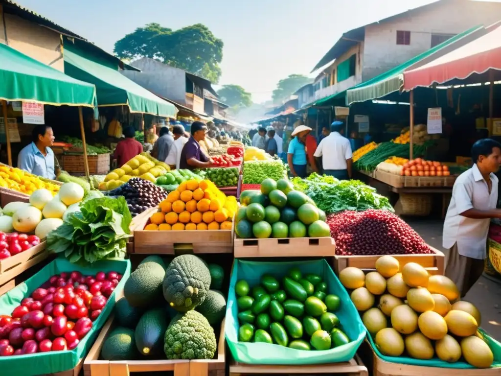 Vista detallada de un bullicioso mercado local con frutas y verduras orgánicas coloridas y variadas en puestos de madera